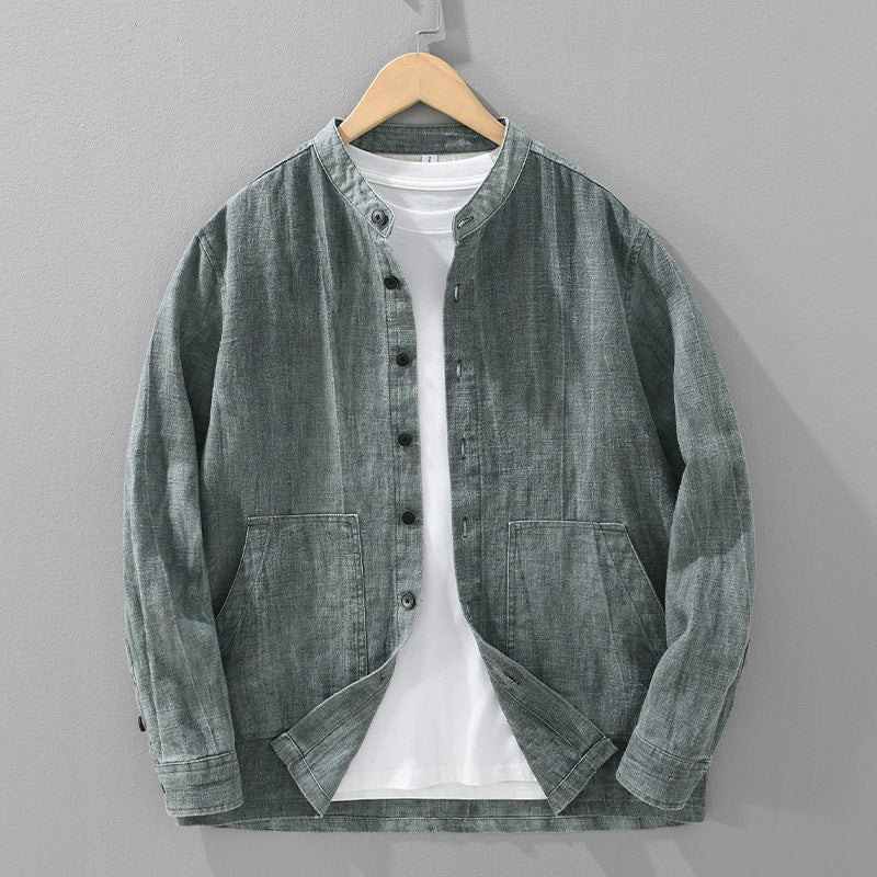 Men's Solid Color Ramie Stand Collar Retro Casual Coat Shirt Gray - D&A