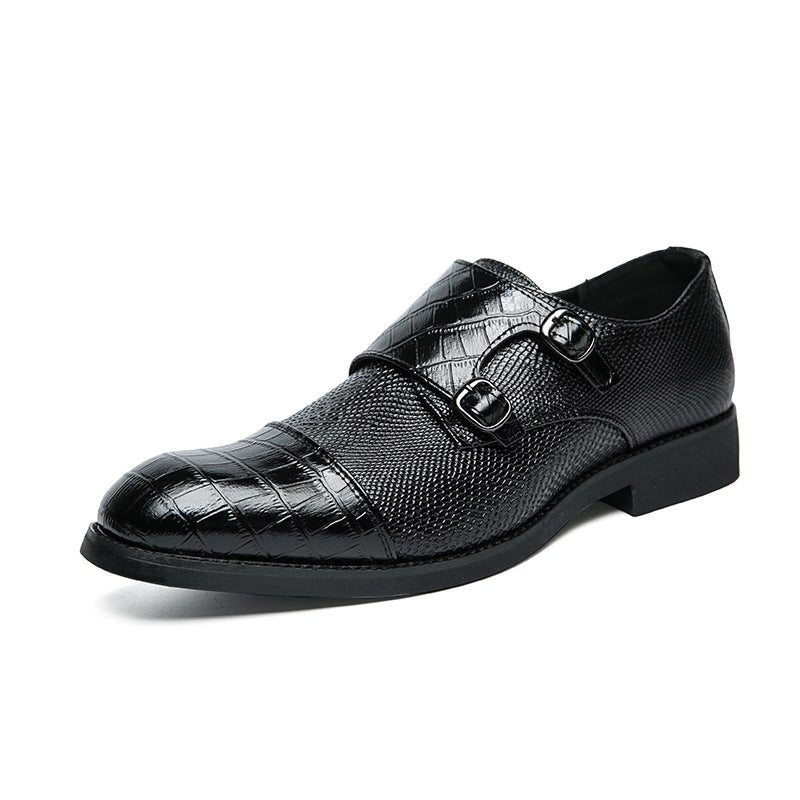 Double Buckle Plus Size Business Men's Casual Leather Shoes Black - D&A