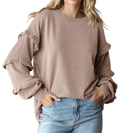 Women's Lantern Sleeve Round Neck Lace Sleeve Top Khaki - D&A