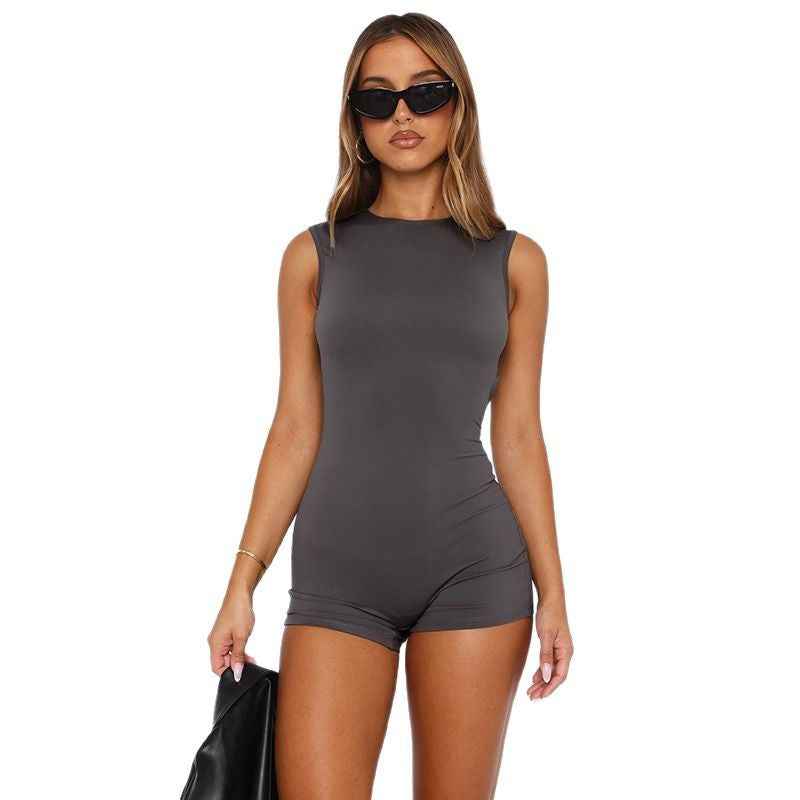 Slim-fit Solid Color Sleeveless Backless Sports And Leisure Jumpsuit
