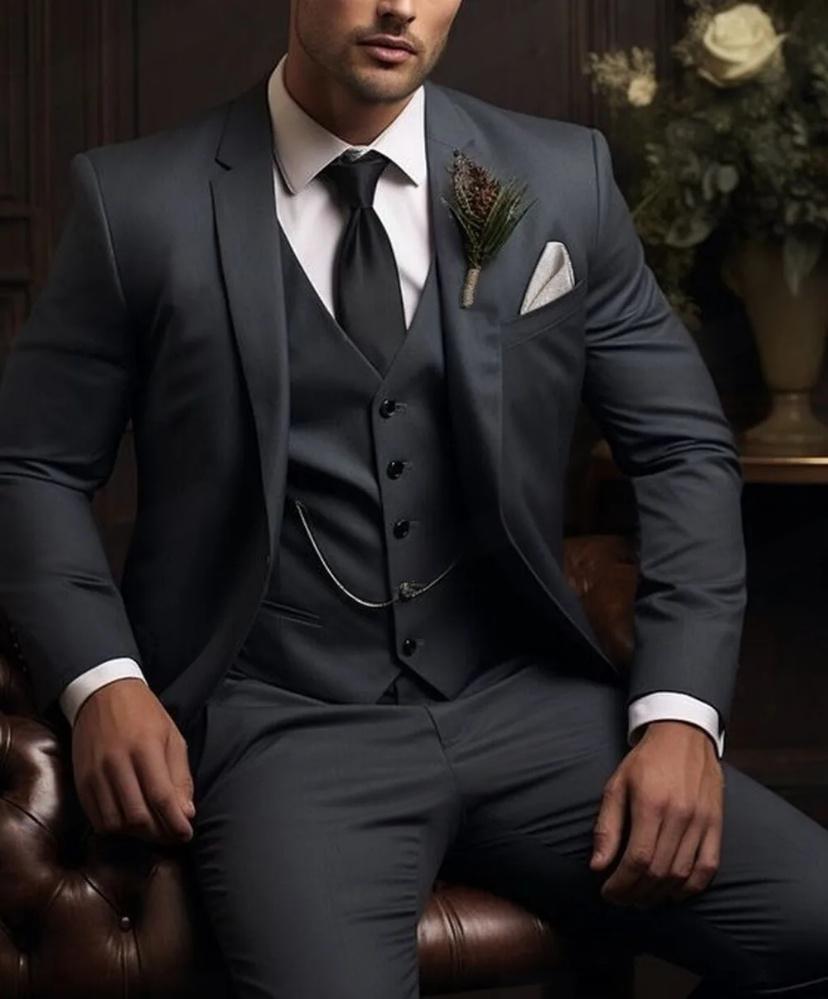 Men's Three-piece Suit Solid Color High Sense Dark Gray - D&A