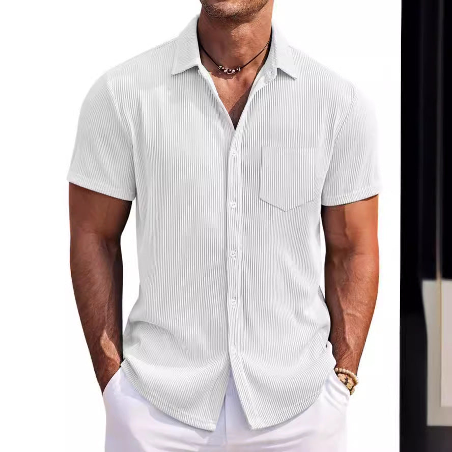 Solid Color Loose Vertical Striped Men's Short-sleeved Shirt - D&A