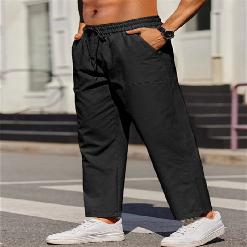 Men's Linen Solid Color Casual Elastic Waist Outdoor Daily Breathable Tube Pants Black - D&A