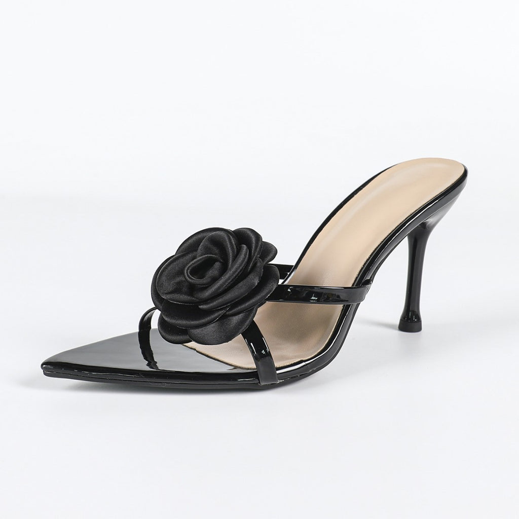 Women's Pointed Patent Leather Three-dimensional Flower Stiletto Heel Sandals - D&A