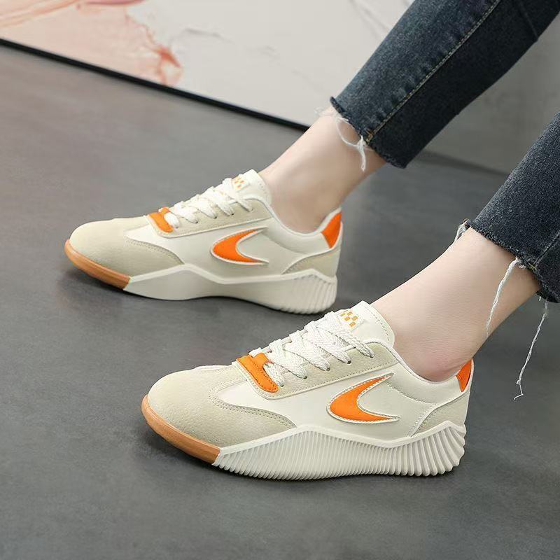 Soft Leather Casual Sneaker Soft Bottom Portable Traveling Beige Orange - D&A