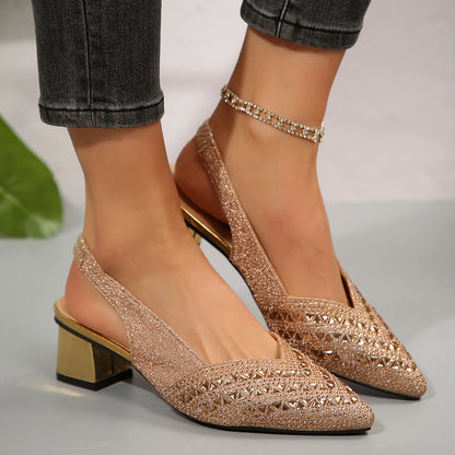 Rhinestone Pointed Toe Low Heel Women's Low-cut Metal Work Shoes - D&A
