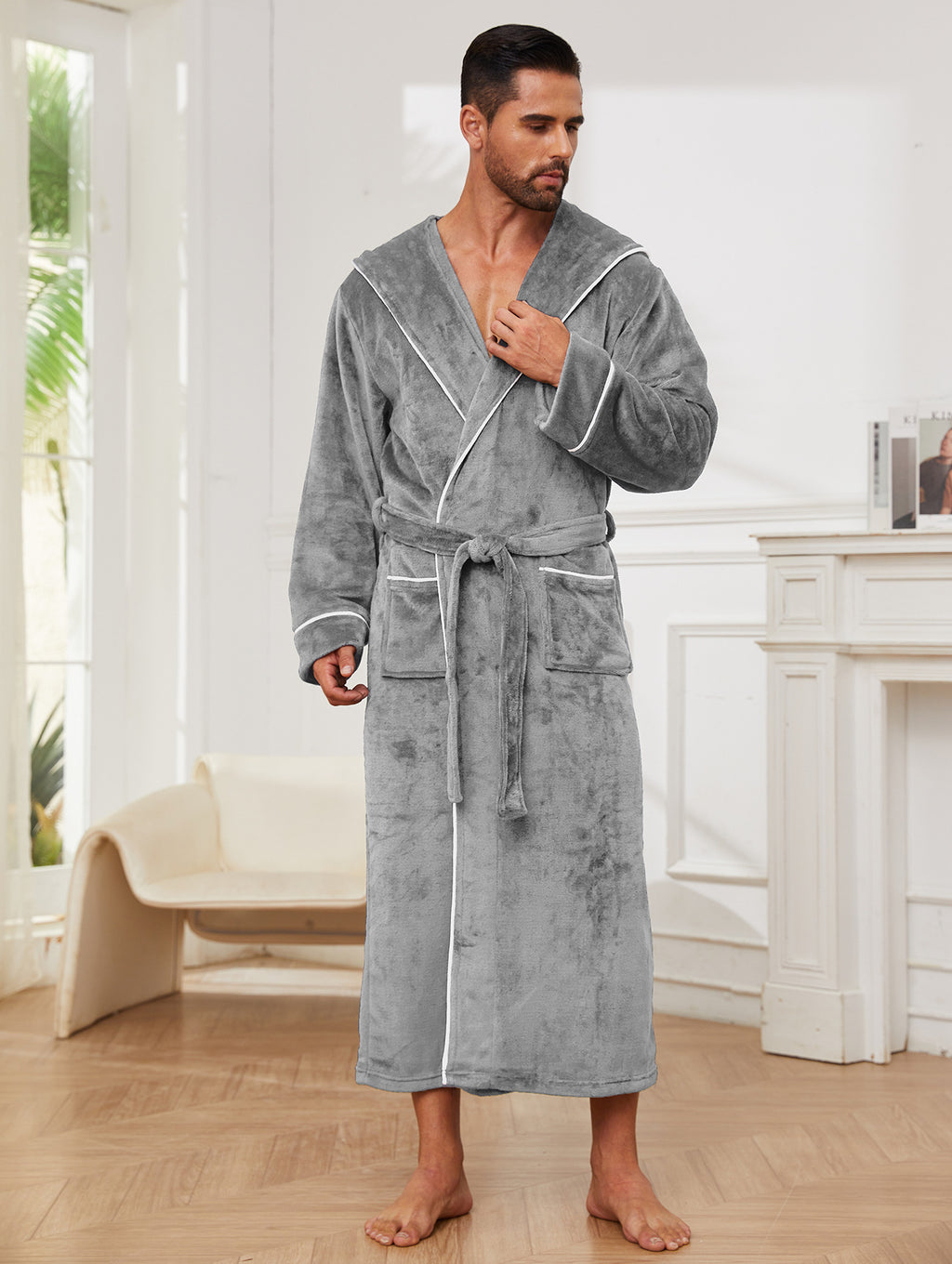 Fashion Men's Flannel Bathrobe Pajamas Women Light Gray - D&A