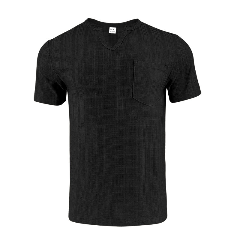Men's Artificial Linen Bamboo Loose Casual Breathable V-neck Solid Color Short Sleeve Black - D&A