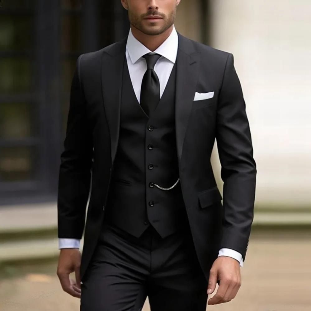 Men's Three-piece Suit Solid Color High Sense Black - D&A