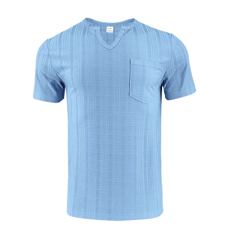 Men's Artificial Linen Bamboo Loose Casual Breathable V-neck Solid Color Short Sleeve Light Blue - D&A