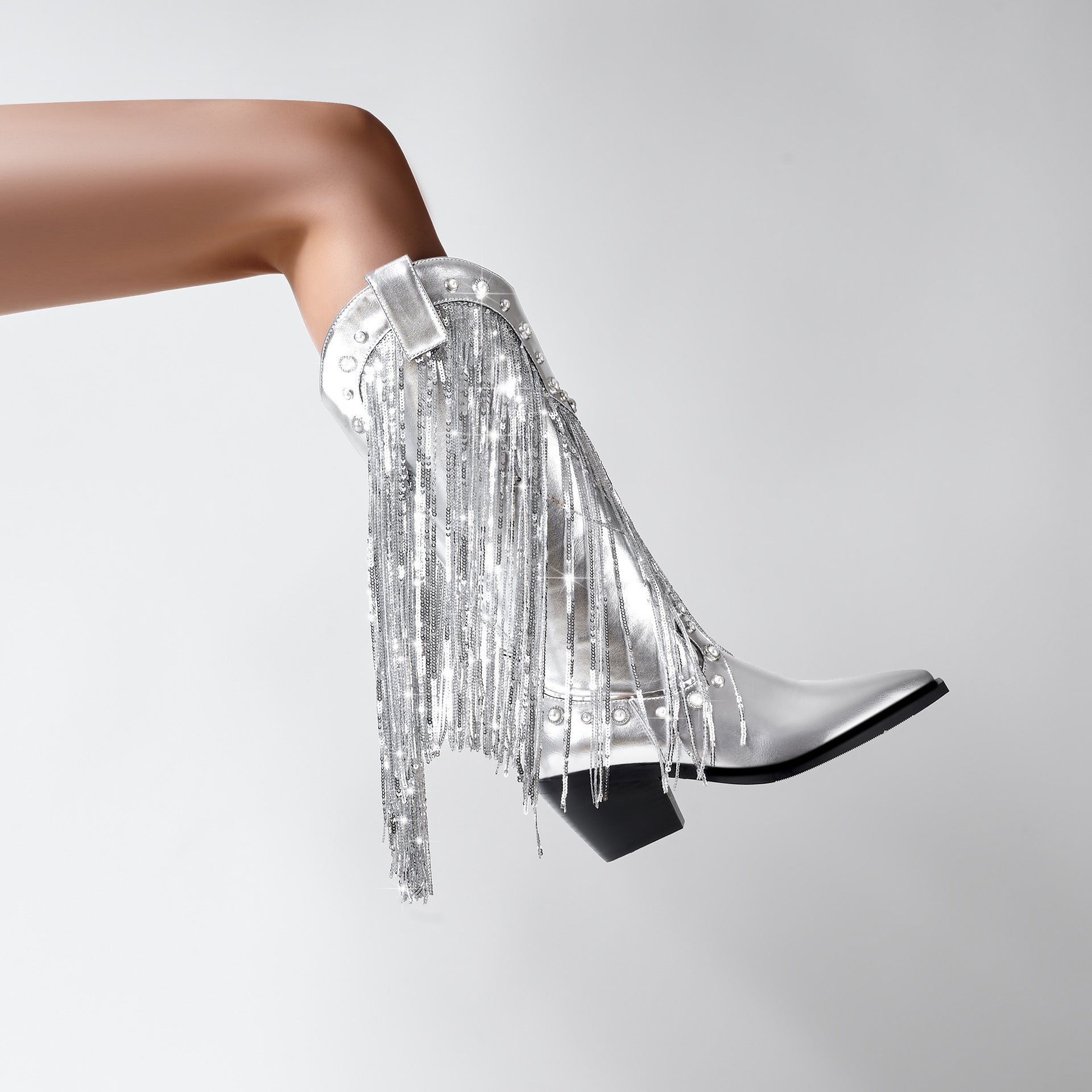 Sequin Tassel Pointed Sleeve High Leg Boot - D&A