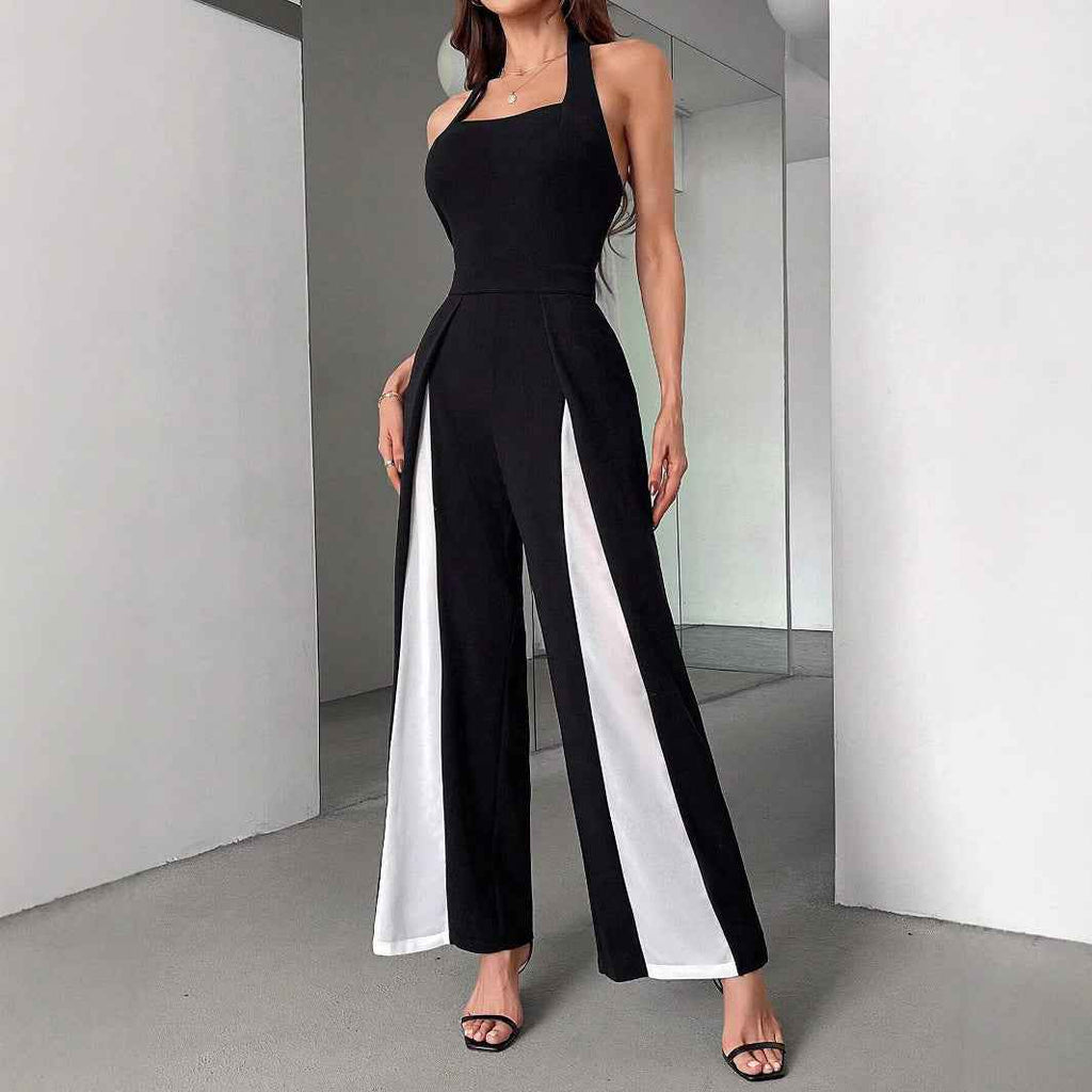 Black And White Color Matching Straight Halter Jumpsuit