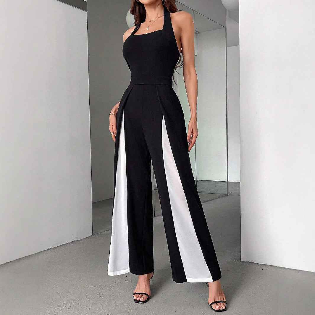 Black And White Color Matching Straight Halter Jumpsuit