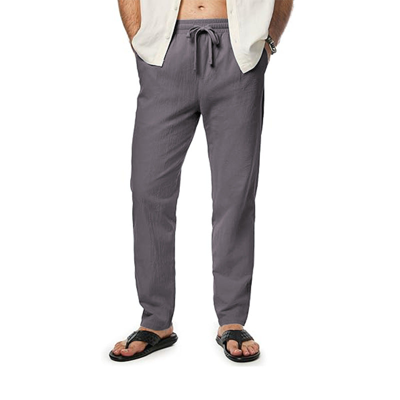 Men's Cotton And Linen Trousers Loose Drawstring Waist Straight Summer Breathable Gray - D&A
