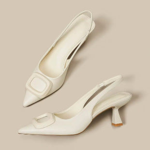 Pointed Toe Classy High Heels High-grade French Square Buckle Beige - D&A