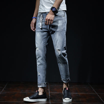 Spring And Summer Ripped Jeans Elastic Small Leg Straight Leg Pants Youth - D&A