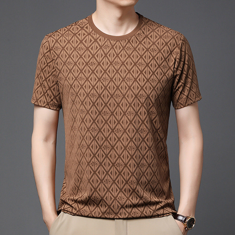 Men's Round Neck Jacquard Short Sleeve Cool Antibacterial Fashion Brand Casual Fashion Half Sleeve - D&A
