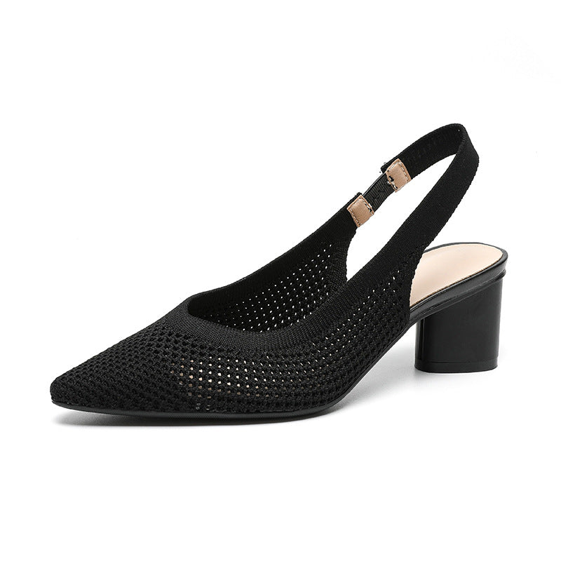 Hollow-out Knitted Closed Toe Back Empty Strap Sandals Pointed Toe Black - D&A