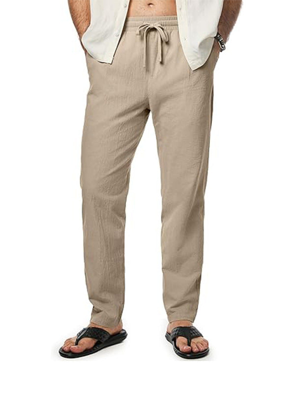 Men's Cotton And Linen Trousers Loose Drawstring Waist Straight Summer Breathable Khaki - D&A