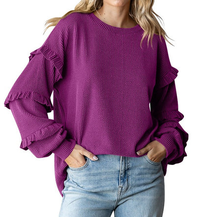 Women's Lantern Sleeve Round Neck Lace Sleeve Top Rose Red - D&A