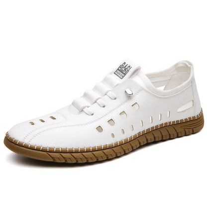 Hollow Breathable White Shoes Hole Shoes Soft Bottom Men Slip-on Leather Sandals - D&A