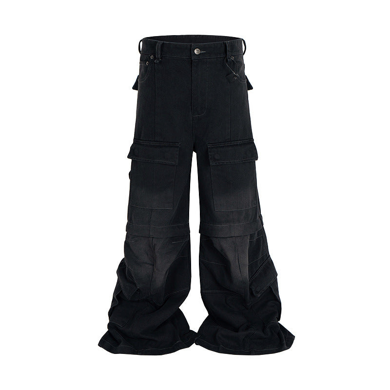 Detachable Worn Looking Washed-out Multi-pocket Detachable Two-way Wear Micro-pull Overalls - D&A