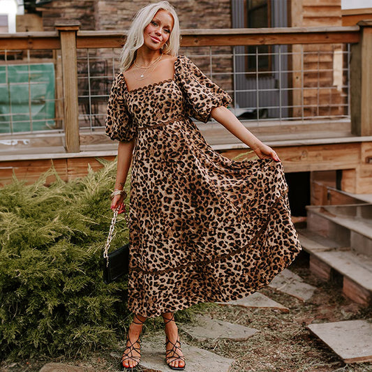 High Waist Dress Women's Lantern Sleeve Printed Maxi Dress - D&A