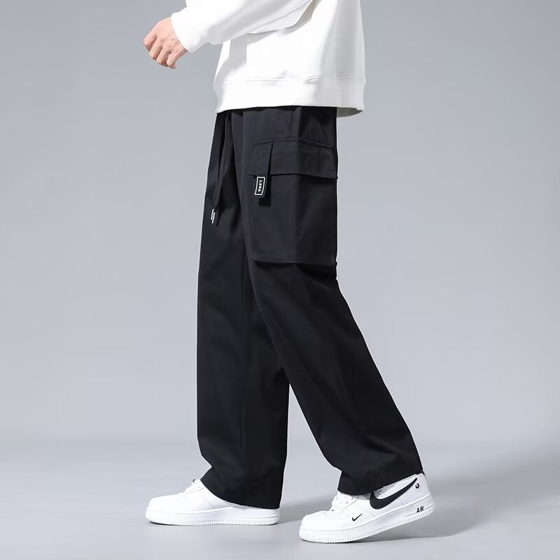 Large Loose Pockets Drawstring Boys Straight Cargo Pants Black - D&A