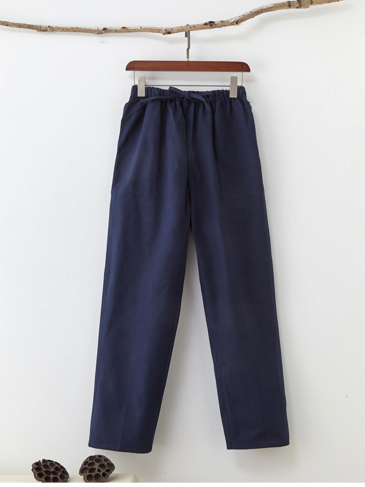 Men's Solid Color Pure Cotton Coarse Fabric Casual Pants Navy Blue - D&A