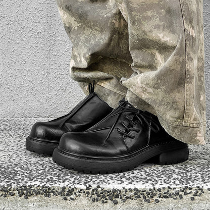 Inner Height Increasing Black Platform Warped Head Leather Shoes Men's Size Increased - D&A