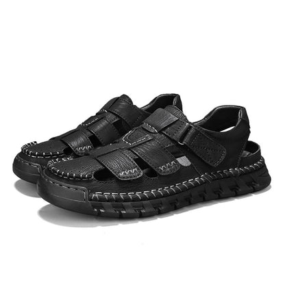 Men's Simple All-match Leather Non-slip Sandals 25866 Black Sandals - D&A