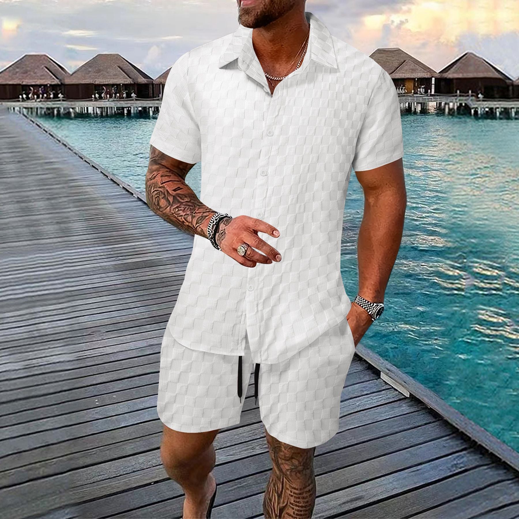 Men's Chemical Fiber Shirt Casual Suit White - D&A