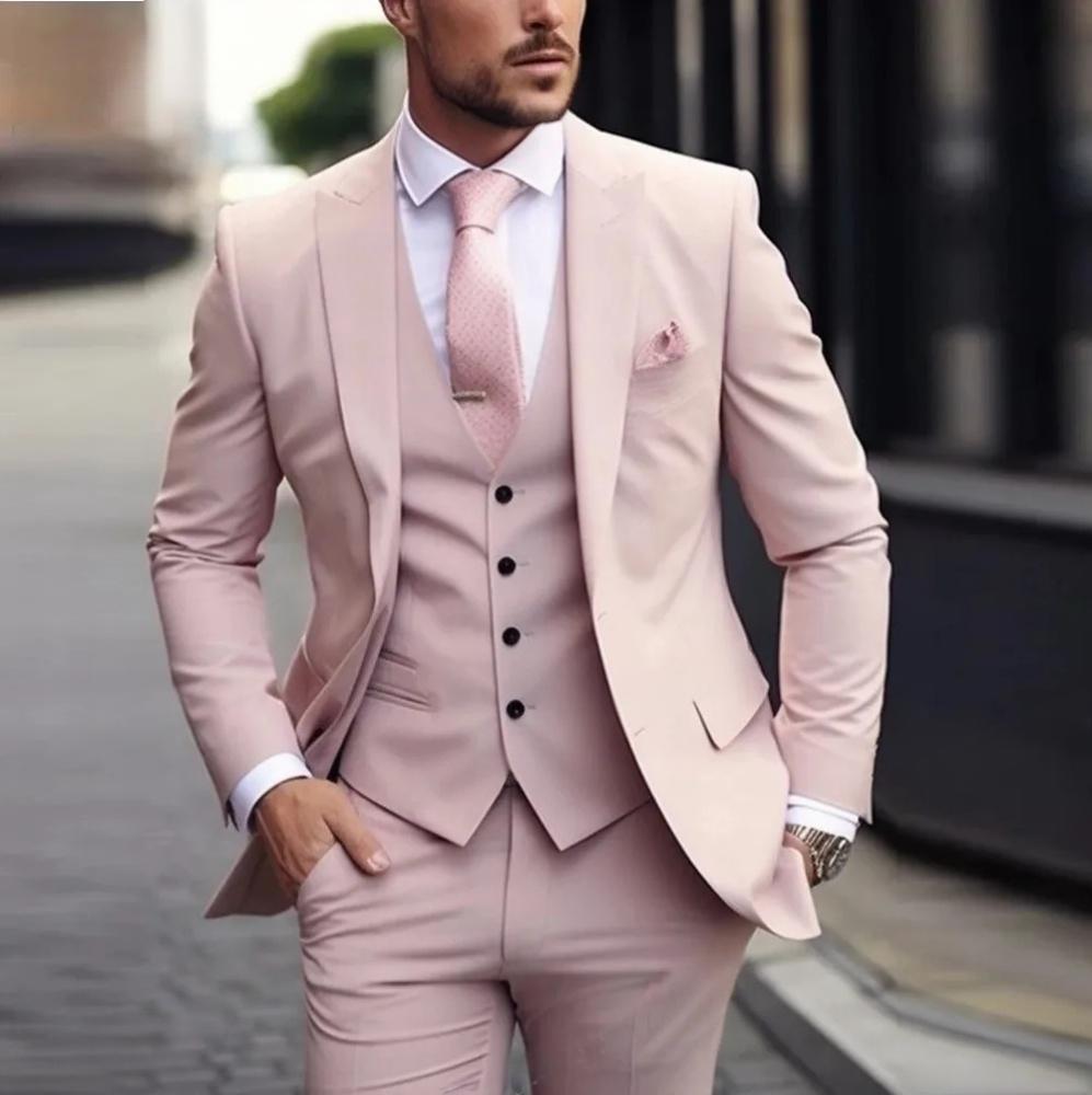 Men's Three-piece Suit Solid Color High Sense Pink - D&A