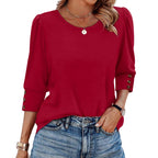 Women's Printed Elegant 34 Sleeves Round Neck T-shirt With Buttons - D&A