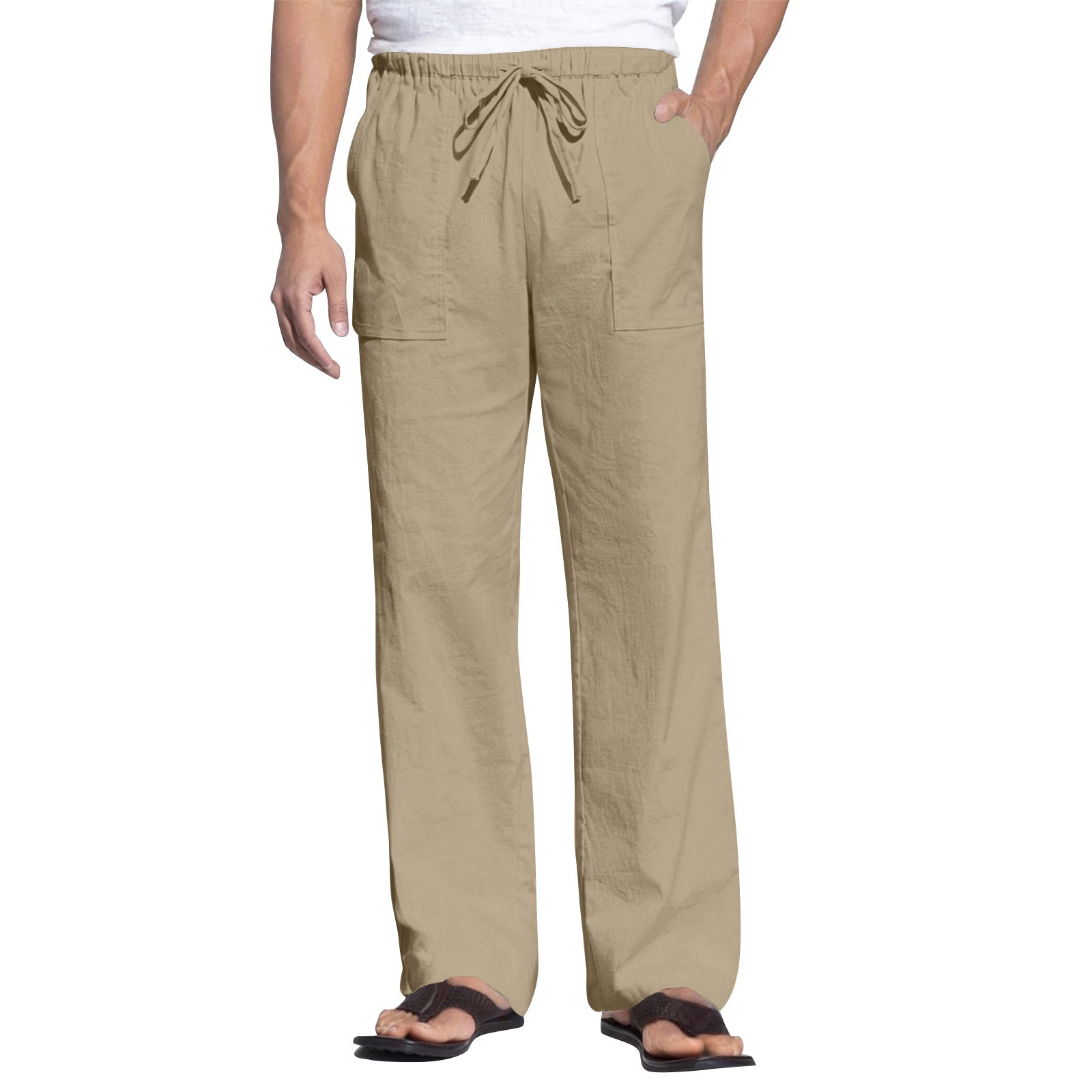 Men's Cotton And Linen Beach Trousers Drawstring Elastic Waist Straight Comfortable Breathable Khaki - D&A