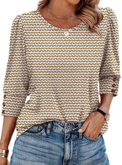 Women's Printed Elegant 34 Sleeves Round Neck T-shirt With Buttons White With Printed Pattern - D&A