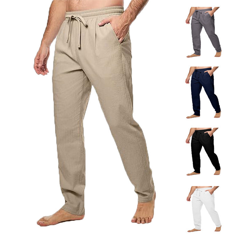 Men's Cotton And Linen Trousers Loose Drawstring Waist Straight Summer Breathable - D&A