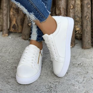 Women's Versatile Leather Side Zipper Casual Sports Shoes White - D&A