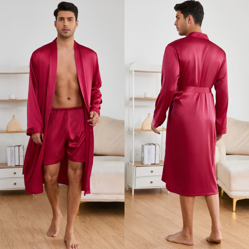 Men's Robes Shorts Suit Solid Color Homewear Wine Red - D&A