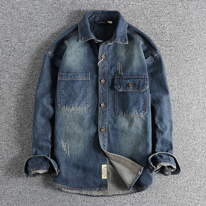 Washed Vintage Denim Shirt For Men Dark Blue - D&A