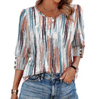 Women's Printed Elegant 34 Sleeves Round Neck T-shirt With Buttons - D&A