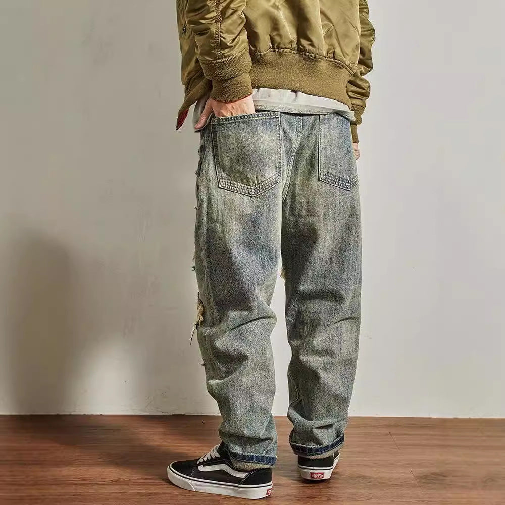 Jeans Men's Loose Straight Tapered Distressed Broken Holes Pants - D&A