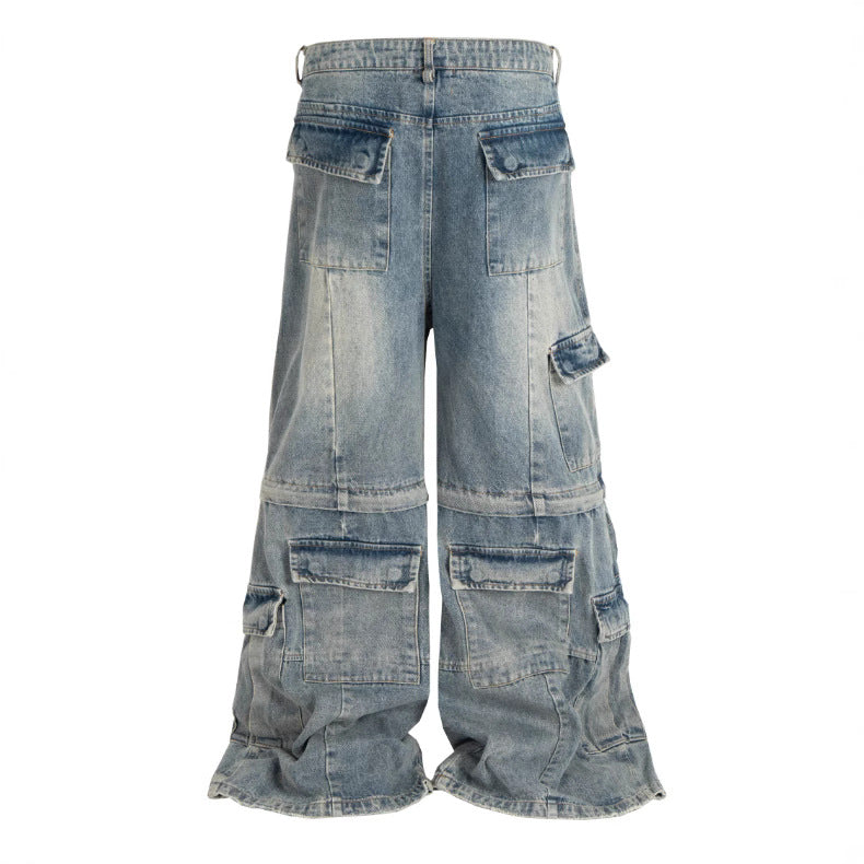Detachable Worn Looking Washed-out Multi-pocket Detachable Two-way Wear Micro-pull Overalls - D&A