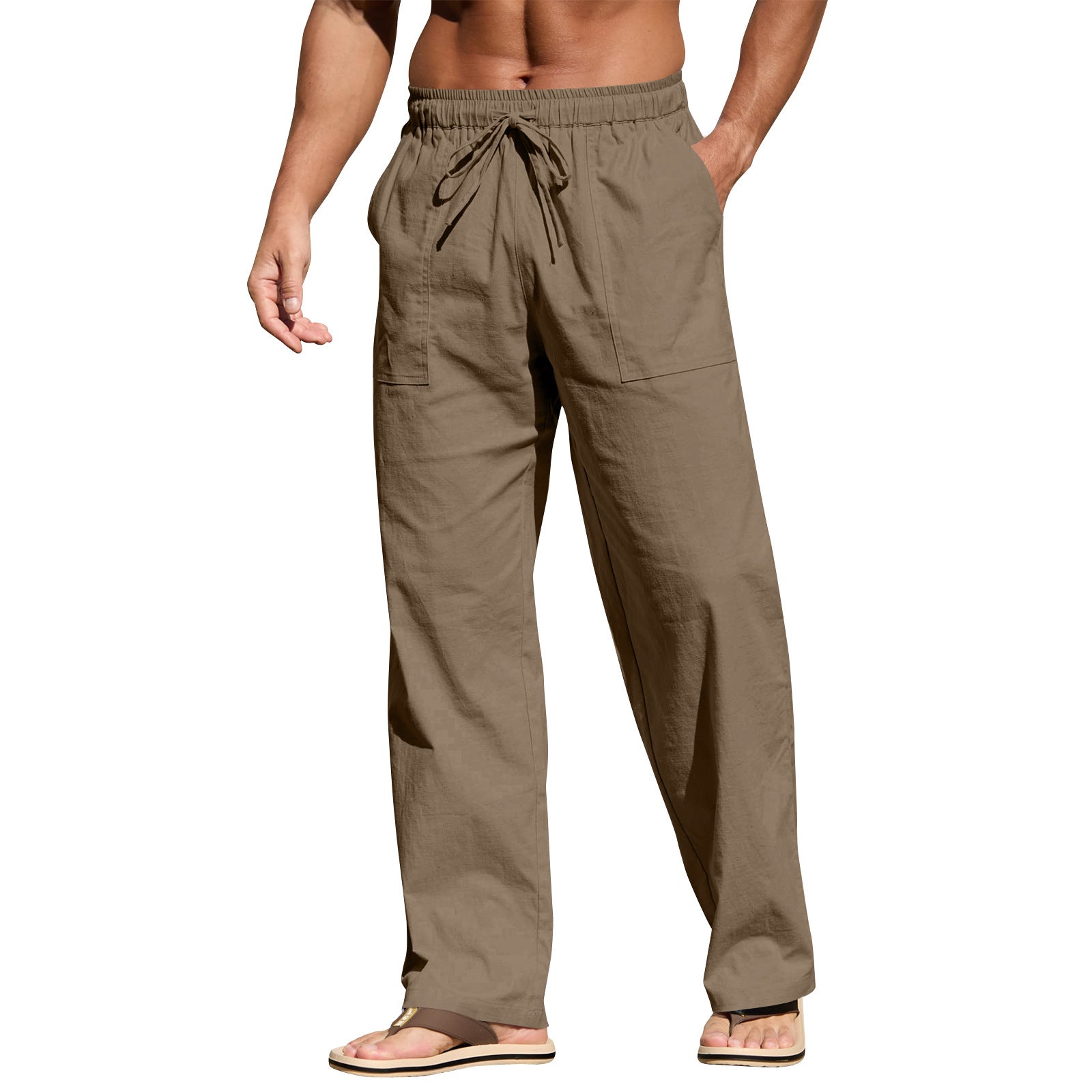 Men's Cotton And Linen Beach Trousers Drawstring Elastic Waist Straight Comfortable Breathable Brown - D&A