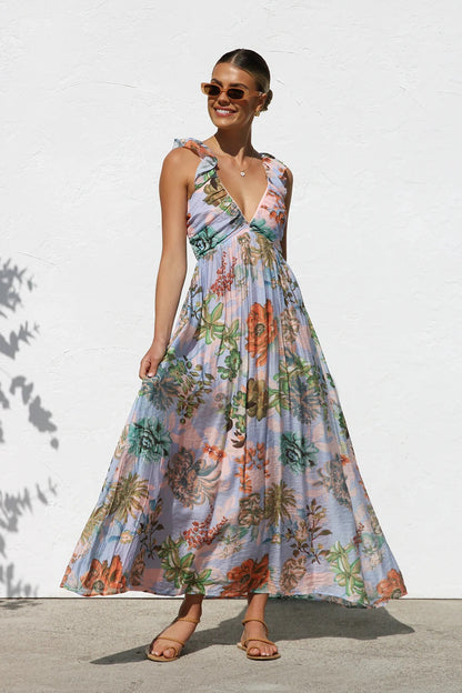 Women's Printed V-neck Large Swing Suspender Dress Flowers - D&A