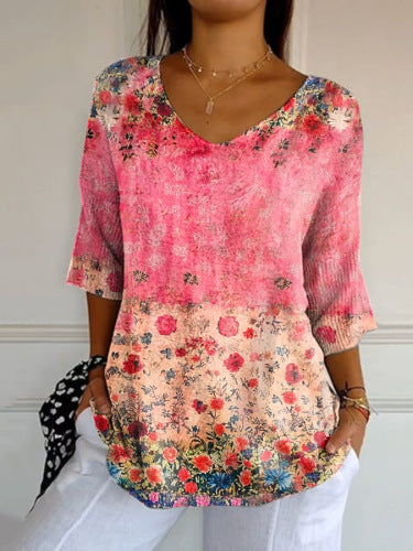 New 3D Printed Women's European And American Fashion Floral V-neck Shirt Top SX4173 - D&A