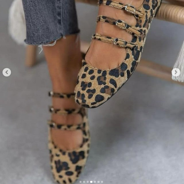 Low Heel Flat Horse Fur Leopard Print Shoes - D&A