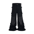 Detachable Worn Looking Washed-out Multi-pocket Detachable Two-way Wear Micro-pull Overalls Black - D&A