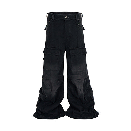 Detachable Worn Looking Washed-out Multi-pocket Detachable Two-way Wear Micro-pull Overalls Black - D&A