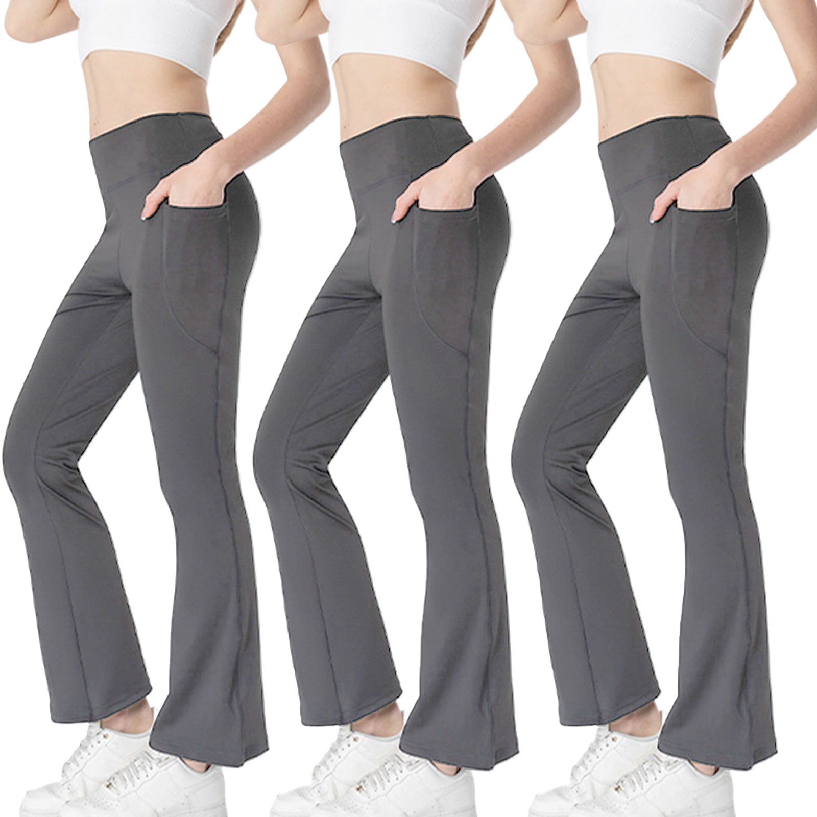 Ladies Mid Waist Abdominal-shaping Slimming Cropped Pants Casual Pocket Bootcut Trousers - D&A